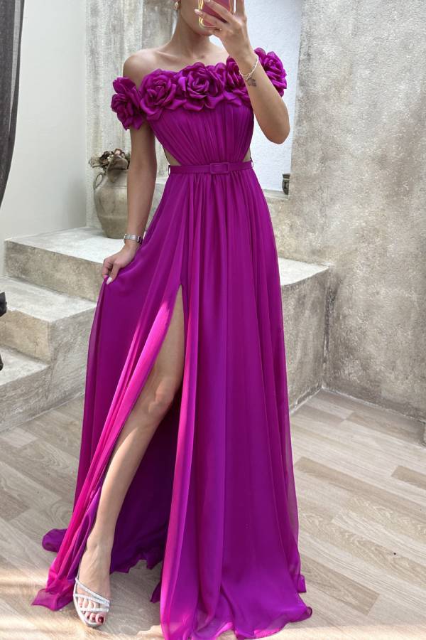 Strapless Chest Rose Waist Detail Design Evening Dress