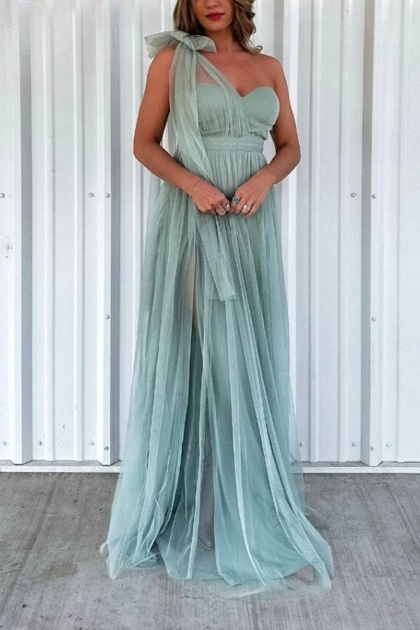 Multi-Color One-Shoulder Tulle Bow Slit Maxi Formal Dress