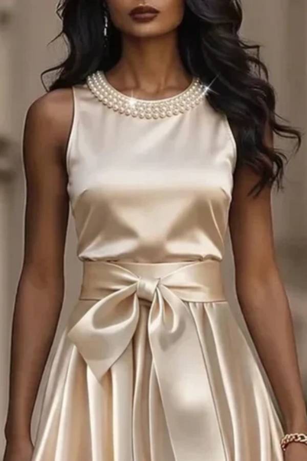 Elegant Ivory Sleeveless Satin Midi Dress with Pearl Neckline and Bow Waist