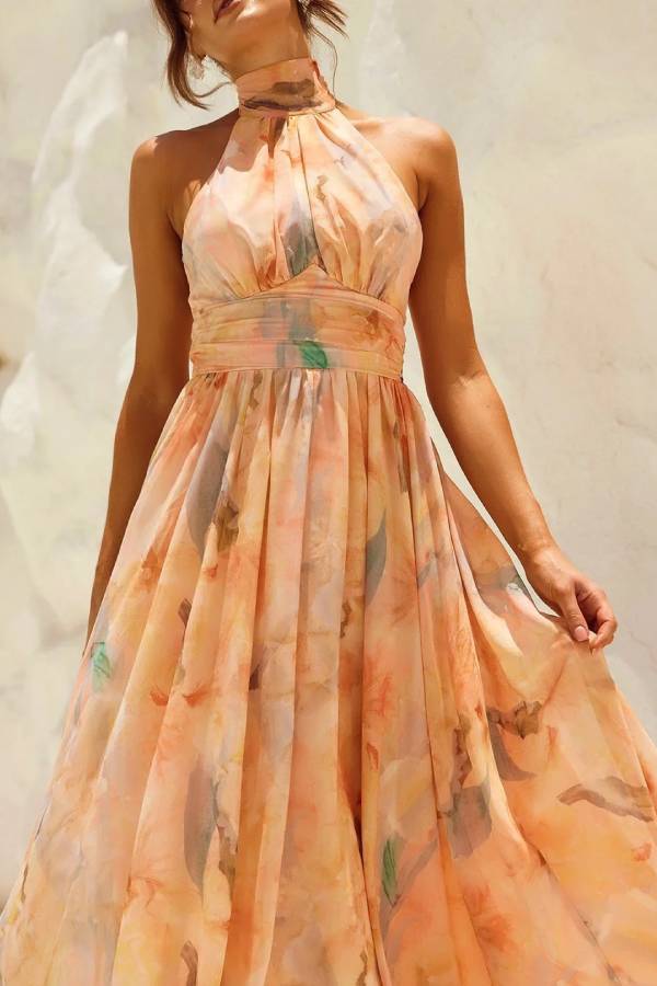 Watercolor Halter-Neck Waisted Maxi Dress
