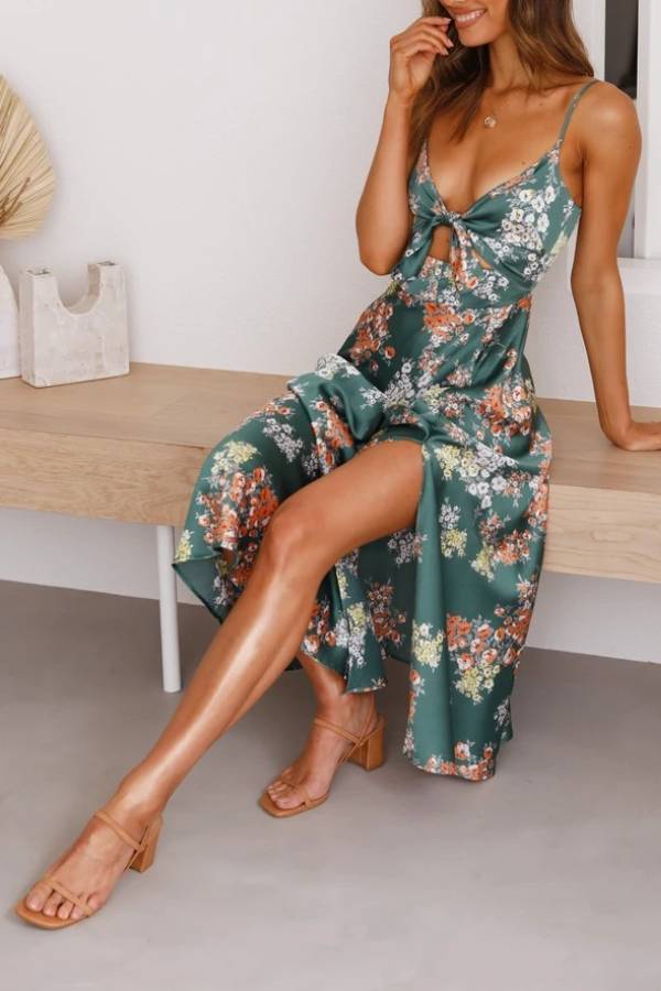 Tropical Floral Twist-Front Cutout Slit Maxi Dress