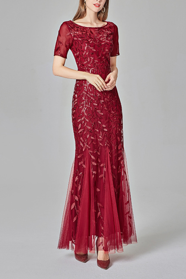Short‑Sleeve Sequin Tulle Mermaid Evening Gown Maxi Dress