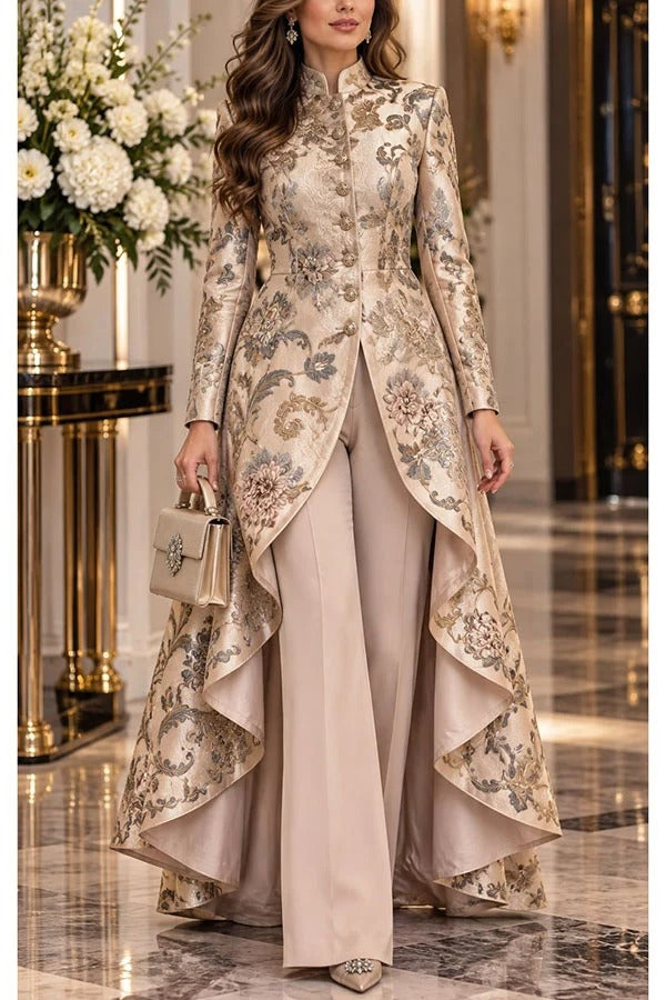 Isenrae Floral Print Stand Neck Long Sleeve Button High Low Hem Top and Wide Leg Pants Set