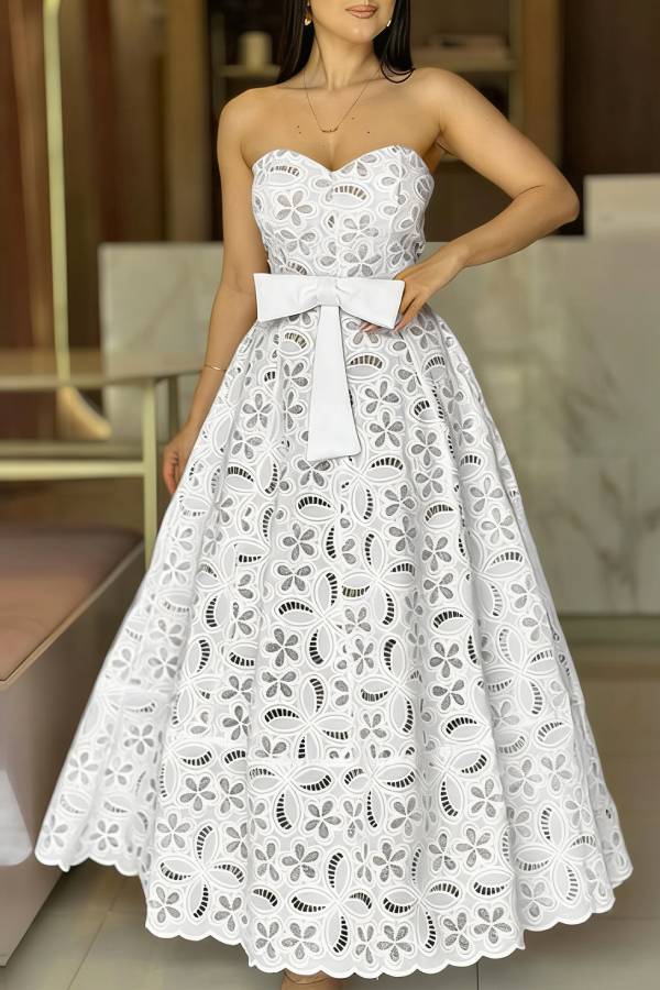 White Hollow-Out Strapless Waist-Cinched Long Dress