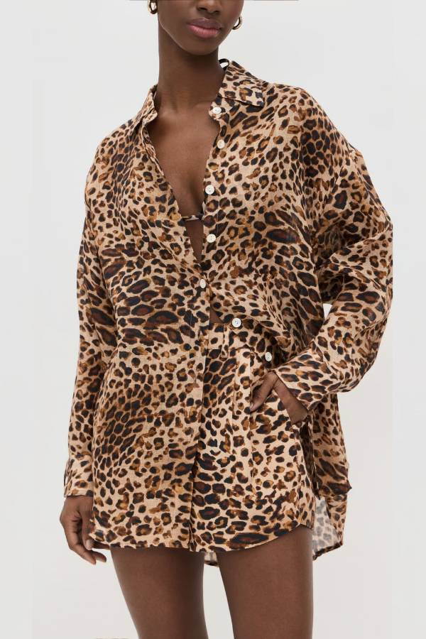 Trisha Linen Blend Leopard Print Long Sleeve Blouse and Elastic Waist Pocket Loose Shorts Set