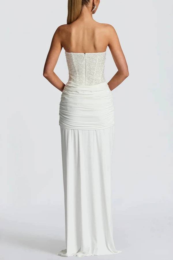 Strapless Beaded Ruched Evening Gown