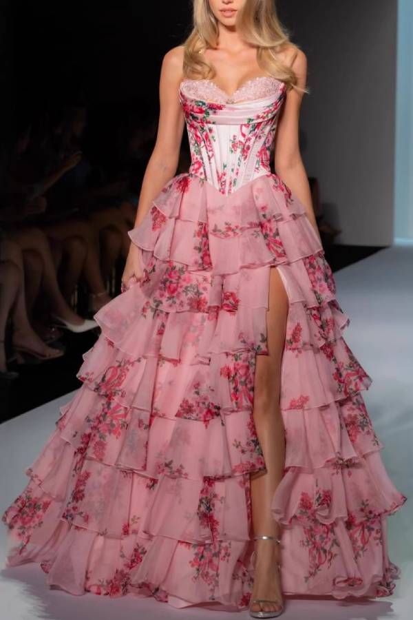 Strapless Floral Print Corset Tiered Slit Gown