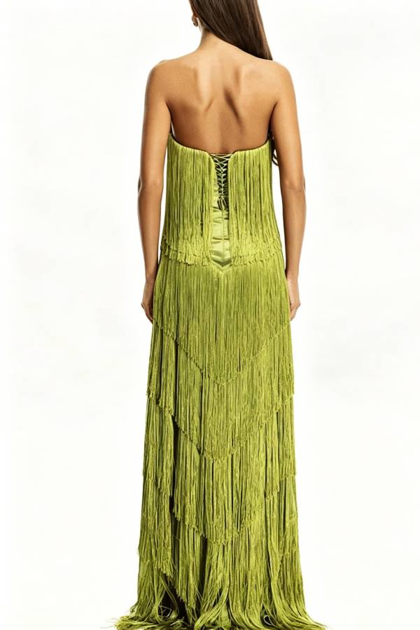 Party Queen Layered Tassel Design Off Shoulder Back Tie-up Maxi Dress