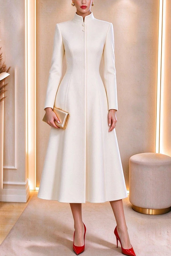 French Style Stand Collar Single Button Placket A-line Trench Coat Midi Dress