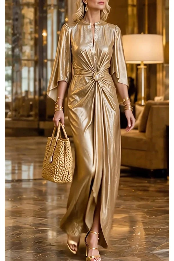 Falling for Her Bell Sleeve Knotted Waist Slit Drape Maxi Dress