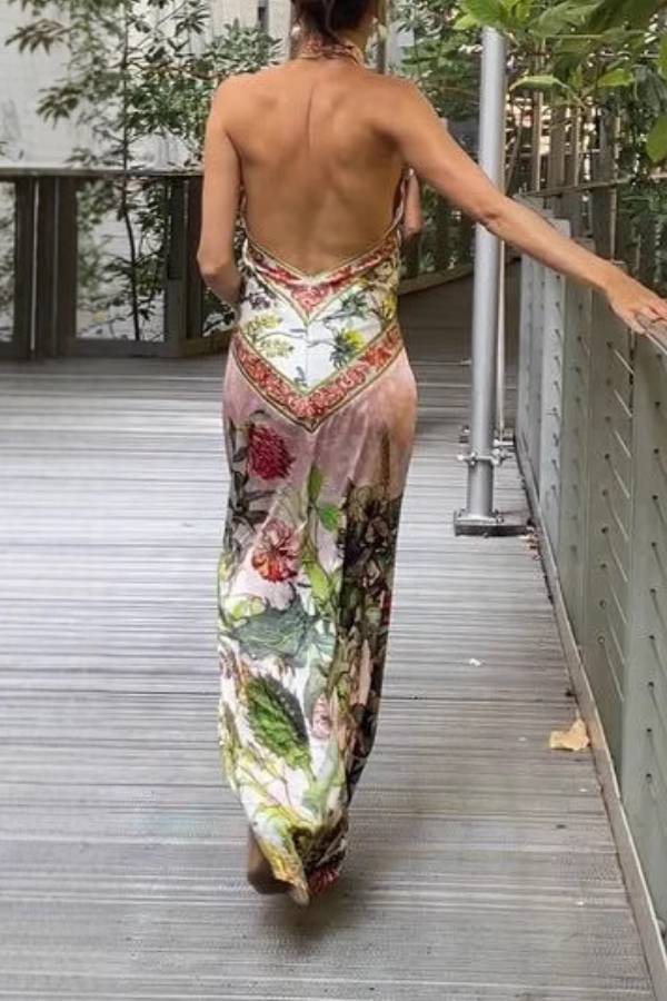Vintage Botanical Print Halter Backless Mermaid Maxi Dress
