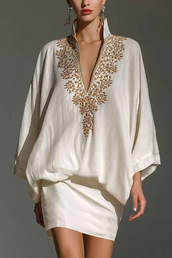 White V Neck Loose Elegant Mini Skirt Set