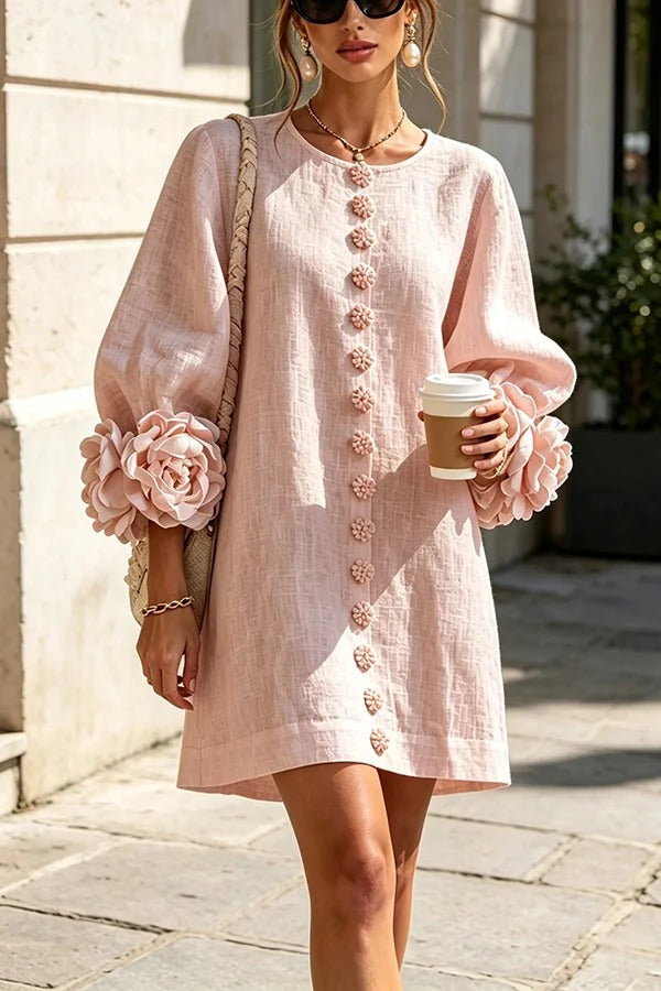 Rima Linen Blend Flowers Button Down Floral Cuffs Half Sleeve Mini Dress