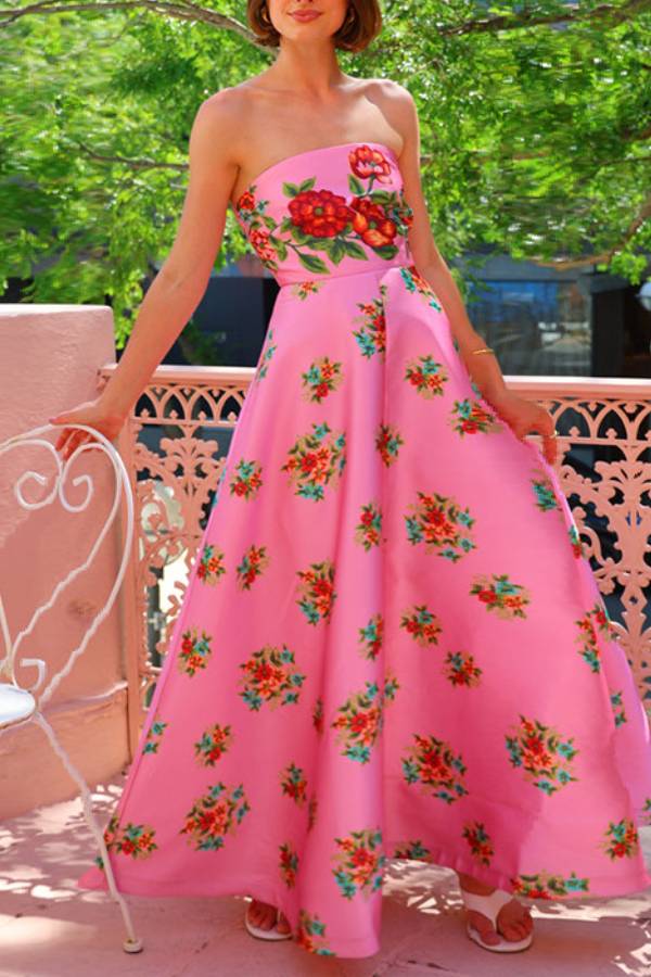 Multi-Color Floral Print Strapless Flowy Maxi Dress