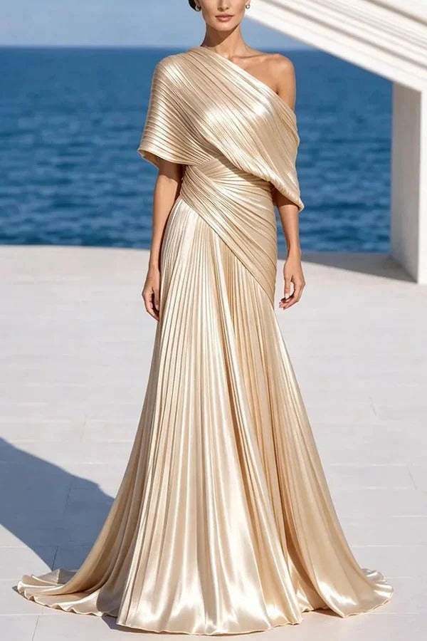 Grecian Gown Pleated One Shoulder Twist Waist Drape Maxi Dress