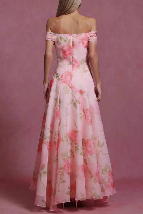 Off Shoulder 3D Rose Print Maxi Evening Gown
