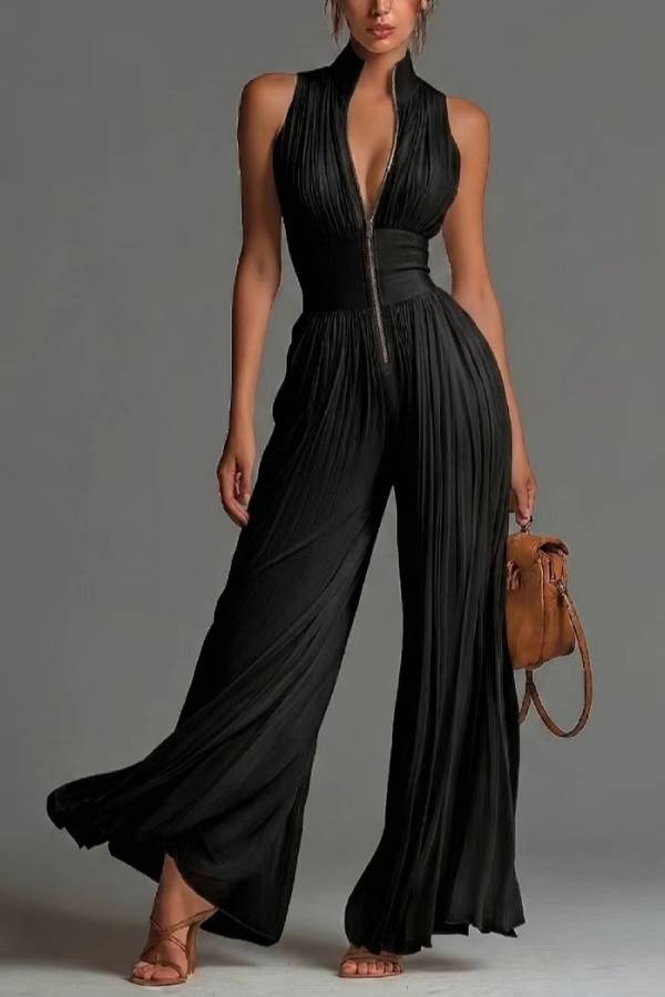 Stand Collar Pleated High Waist Wide Leg Jumpsuit