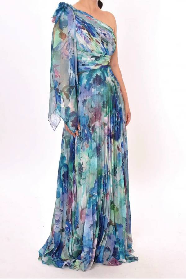 Watercolor Floral Print One-Shoulder Pleated Waist Long Evening Gown