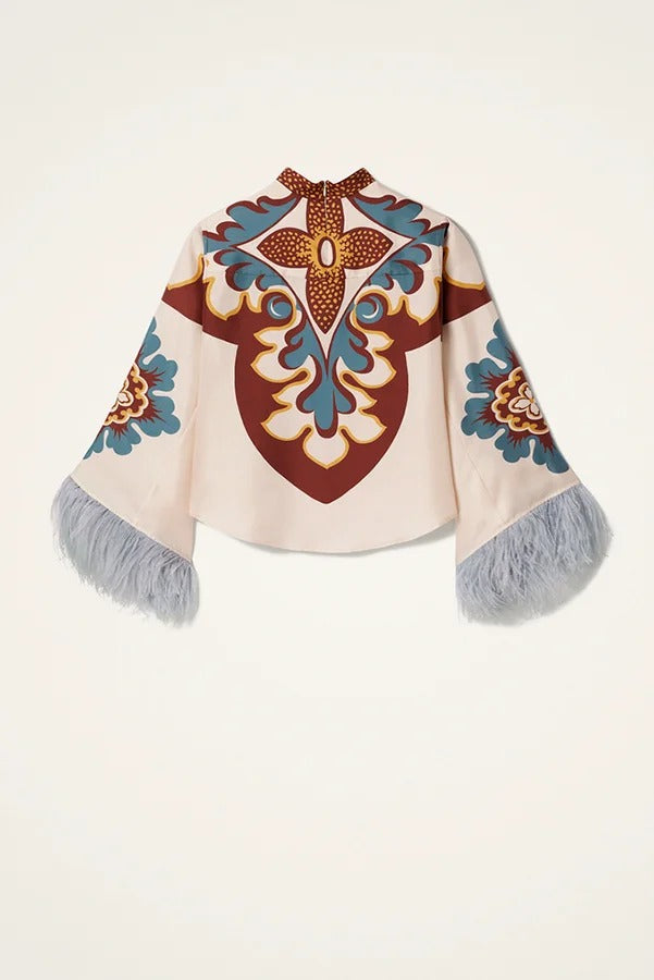 Bohemian Dreams Unique Print High Neck Feather Trim Bell Sleeve Top