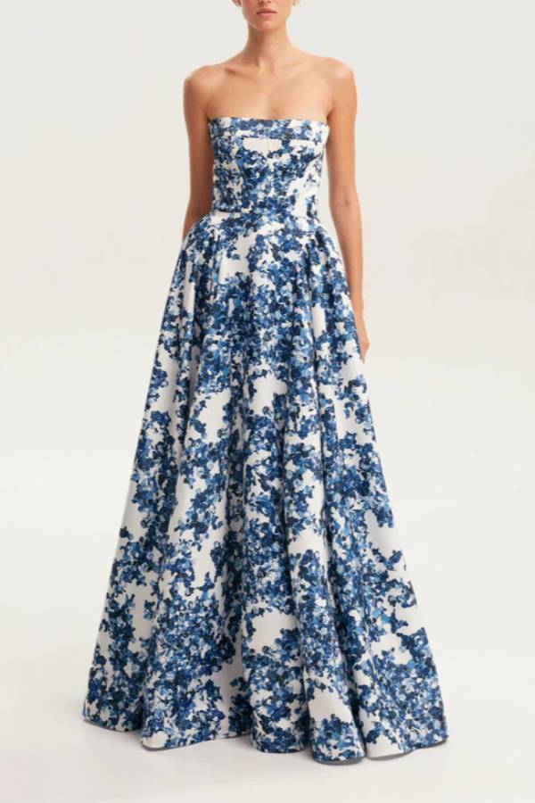 Multi-Color Print Strapless Corset Ball Gown Maxi Dress