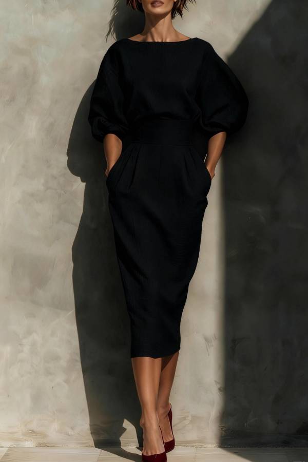 Boat Neck Puff Sleeve Waisted Midi Dress