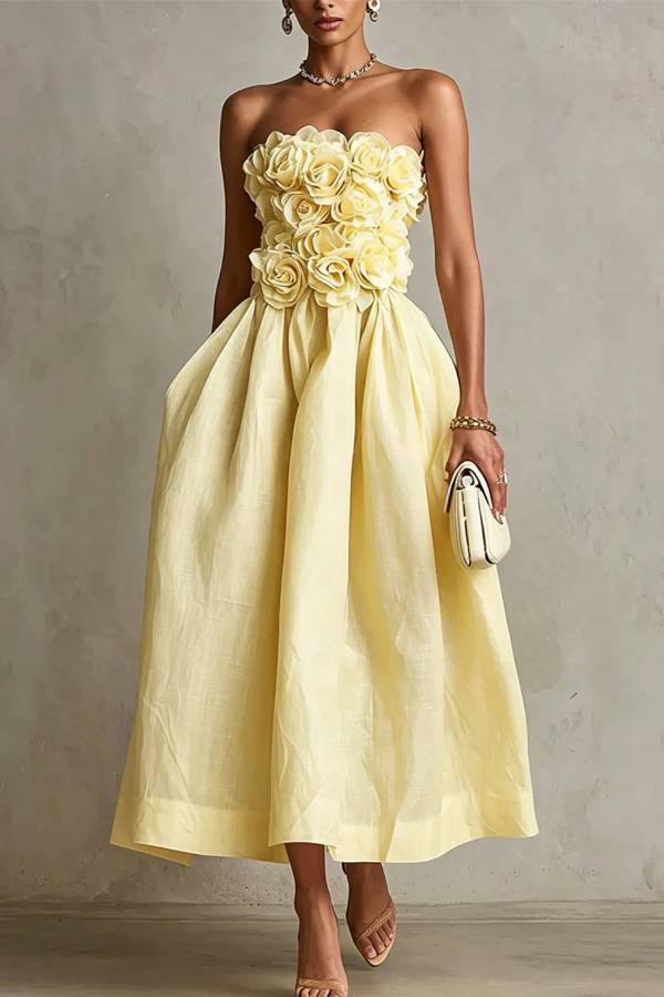 Seraphina 3D Rosette Strapless Midi Dress