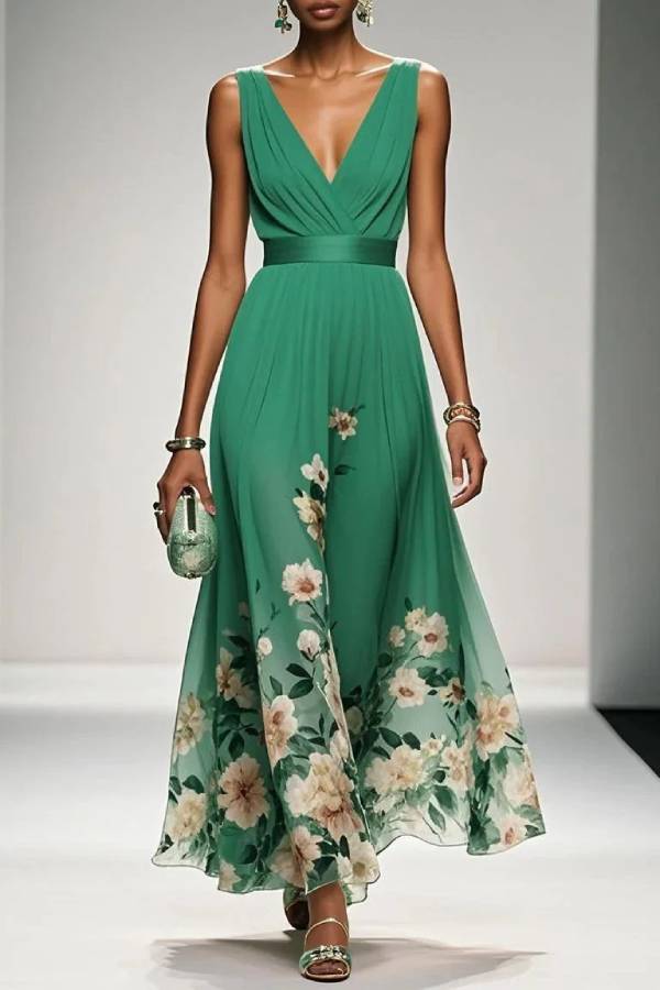Light Blue Floral Chiffon V Neck Sleeveless A-Line Maxi Dress