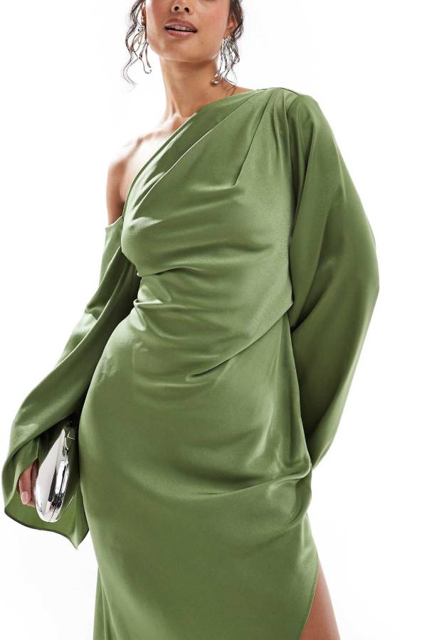 Zayla Satin Asymmetrical One Shoulder Bell Sleeve Slit Maxi Dress