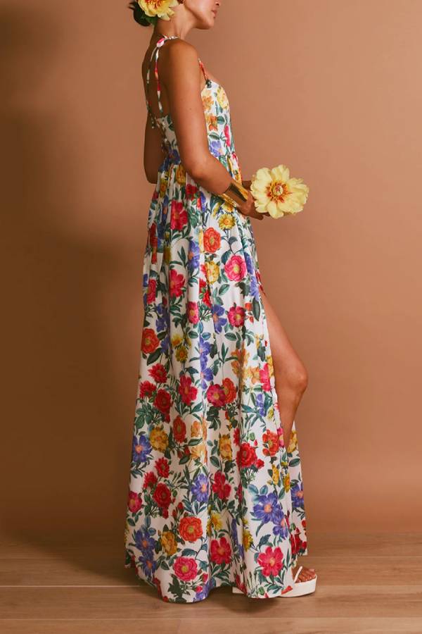 Spaghetti Strap Tie-Back Floral Print Waist-Cinched Maxi Dress