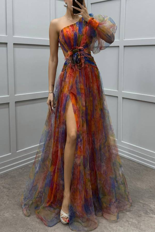 Floral Decor Chiffon Print One Shoulder Evening Gown Maxi Dresses