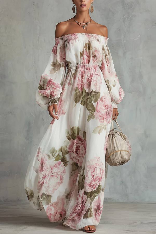 Off‑Shoulder Big Floral Print Lantern Sleeve Chiffon Maxi Dress