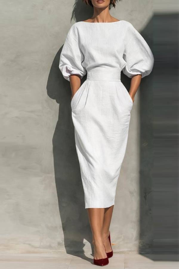 Boat Neck Puff Sleeve Waisted Midi Dress