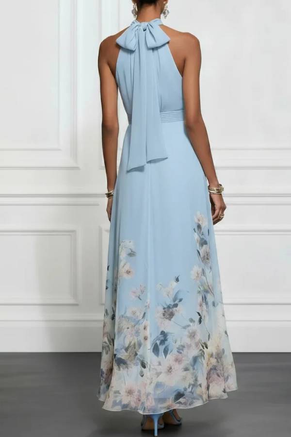 Light Blue Floral Chiffon Halter Sleeveless Maxi Dress