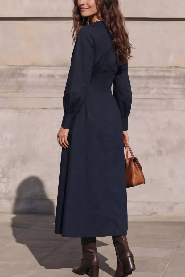 Navy Corset Waist Shirt Midi Dress