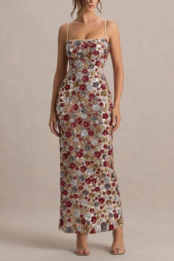 Thin Strap Square Neck Sequin Floral Slim Fit Mermaid Gown