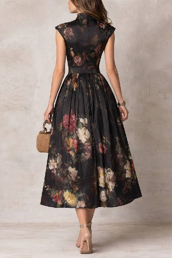 New Chinese Keyhole Cutout Satin Floral Print Midi Dress