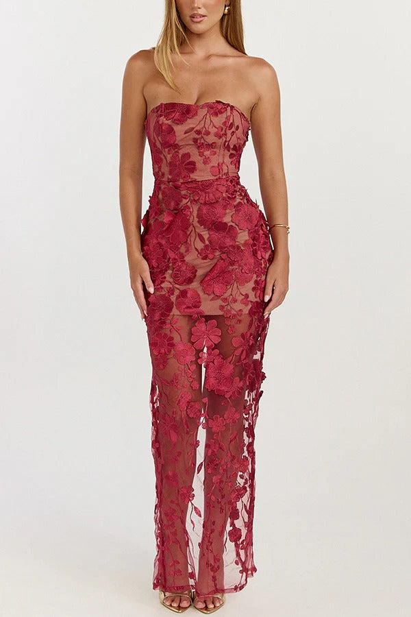 Sienna Floral Embroidered Fabric Off Shoulder Mermaid Silhouette Slit Maxi Dress
