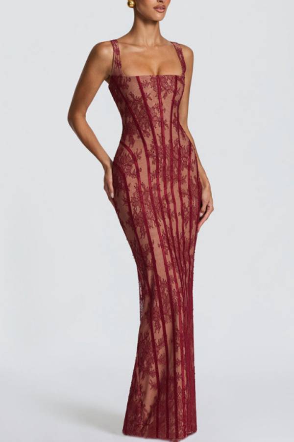 Square Neck Strap Lace Corset‑Style Maxi Evening Dress