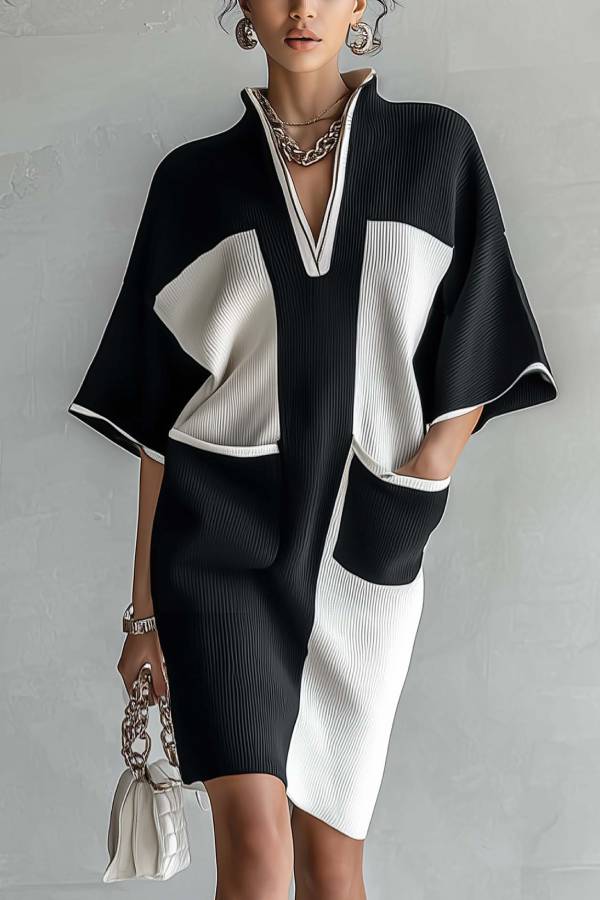 Black and white color-block midi dress with batwing sleeves