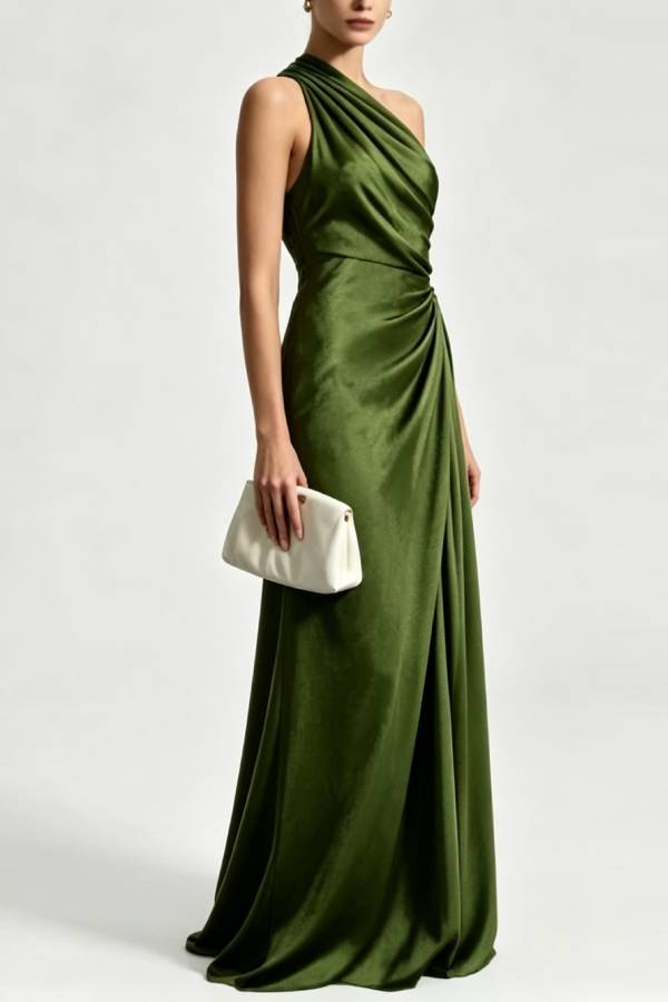 Satin One‑Shoulder Ruched Slit Long Evening Gown