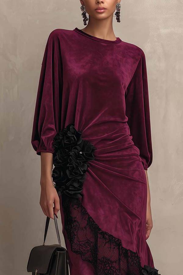 Deep Burgundy Velvet Maxi Dress With Waist Ruffled Black Flower And Lace Patchwork