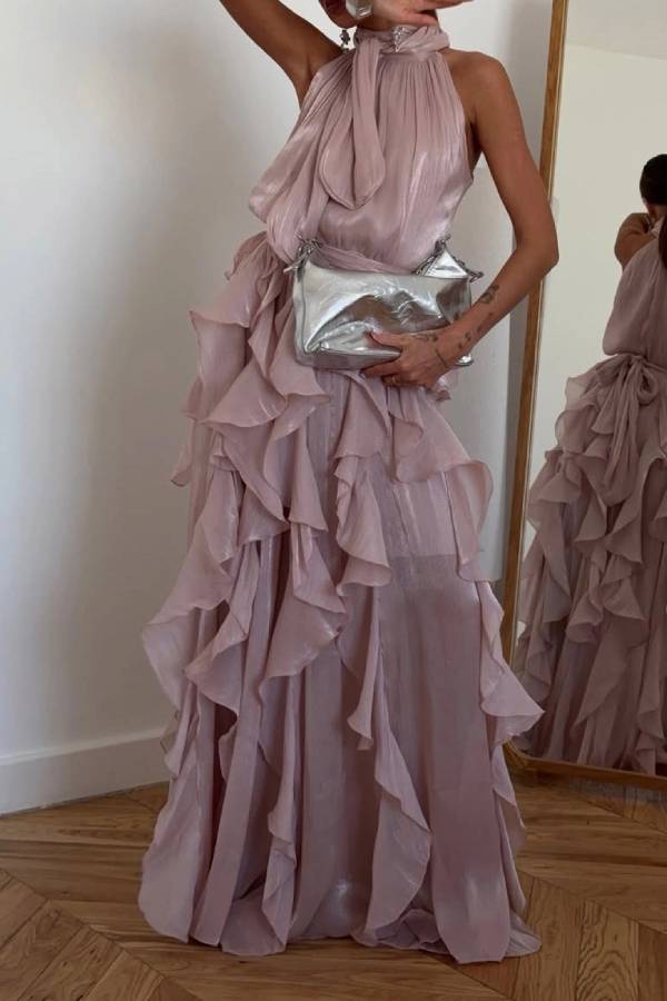 Halter Tie‑Up Ruffled Shiny Evening Maxi Dress