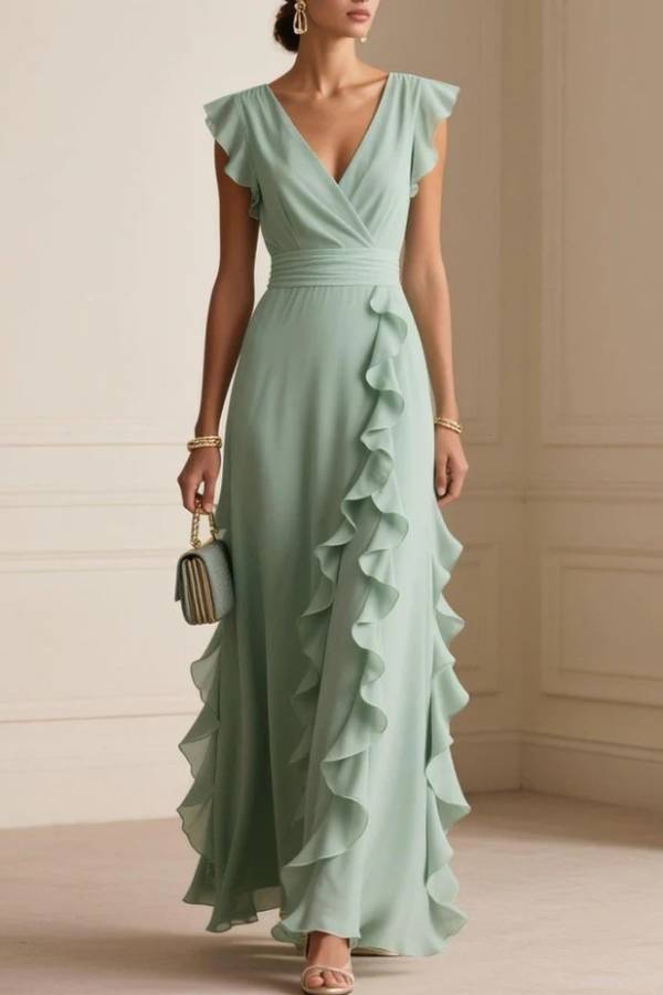 V‑Neck Ruffle Cap Sleeve Wrap Waist Chiffon Long Evening Dress
