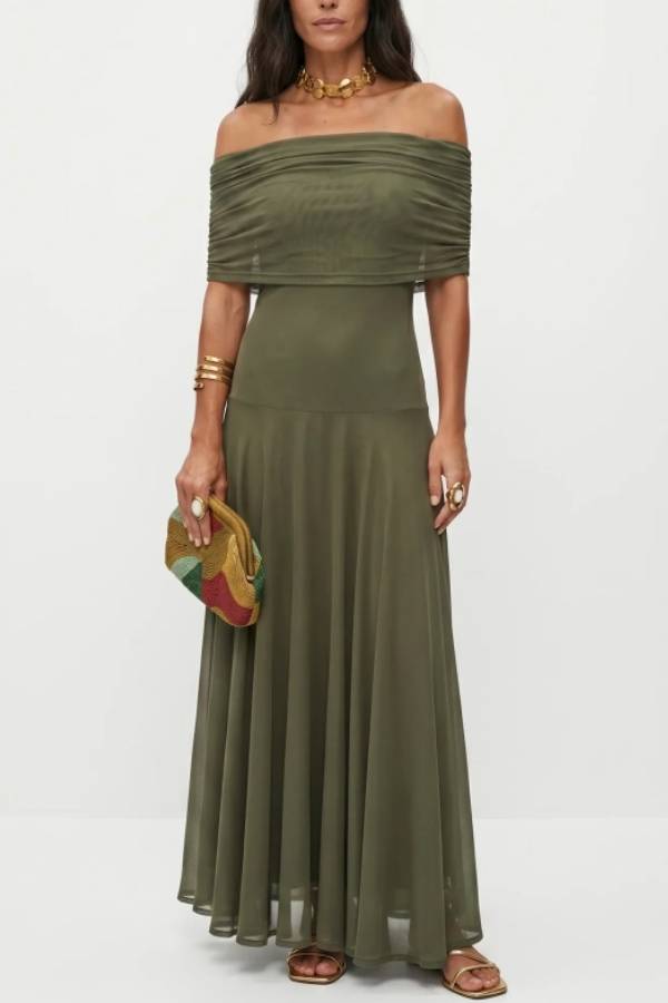 Women's One Shoulder Draped Mesh Maxi Dress in Abstract Print