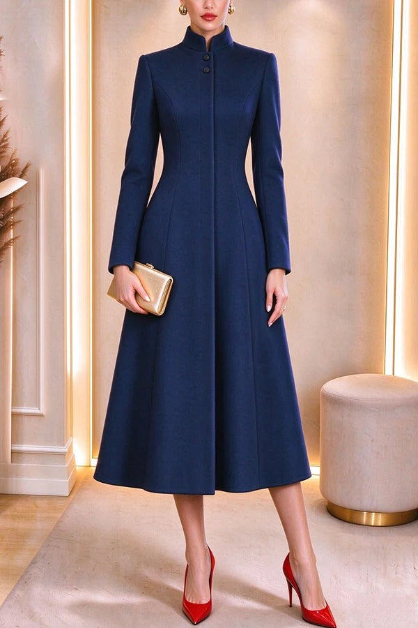 French Style Stand Collar Single Button Placket A-line Trench Coat Midi Dress