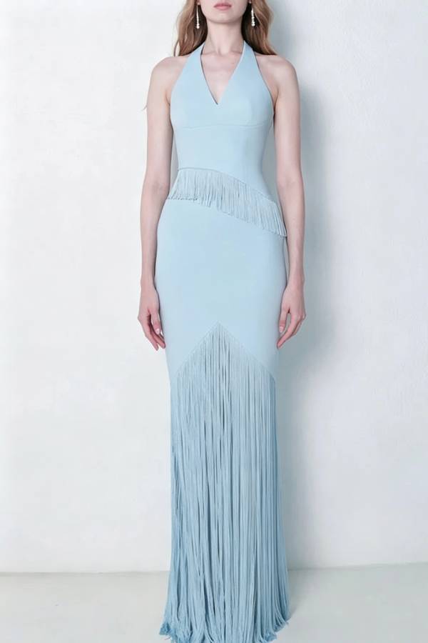 Riley Tassel Trim Halter V-neck Tank and High Rise Maxi Skirt Set