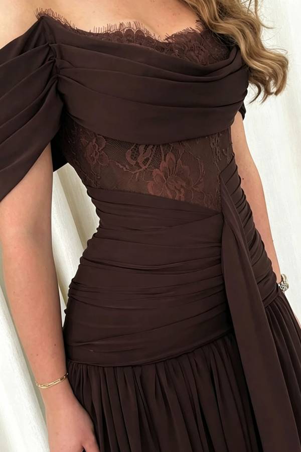 Maguire Chiffon Ruched Floral Lace Patchwork Off Shoulder Drape Gown Maxi Dress