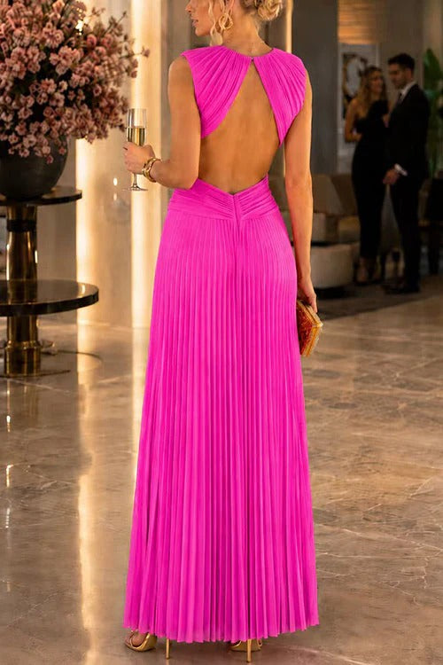 Crewneck Sleeveless Open Back Pleated Maxi Dress