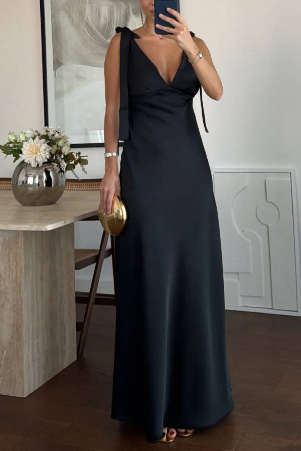 Bow Strap Deep V Satin Maxi Evening Dress
