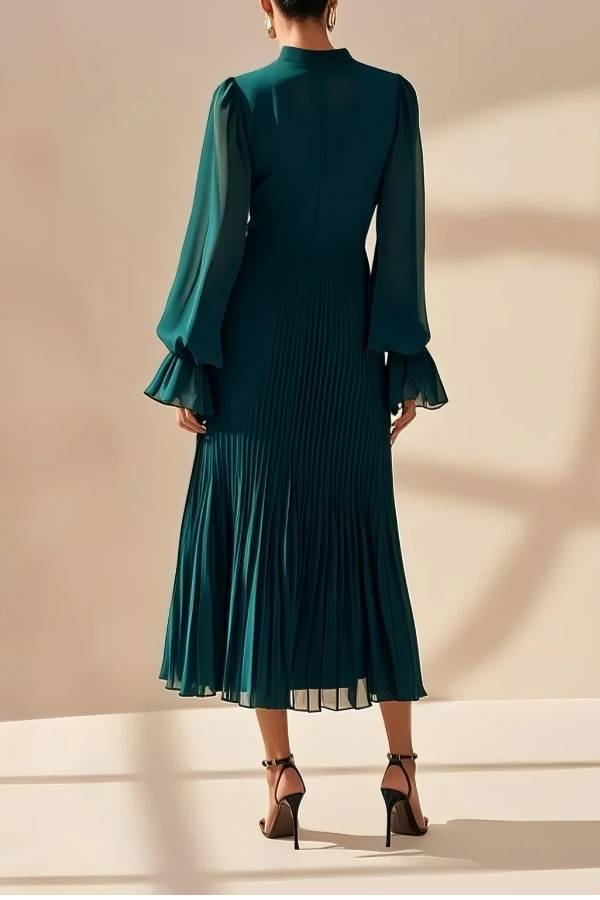Mock Neck Cut‑Out Pleated Ruffle Long‑Sleeve Midi Dress